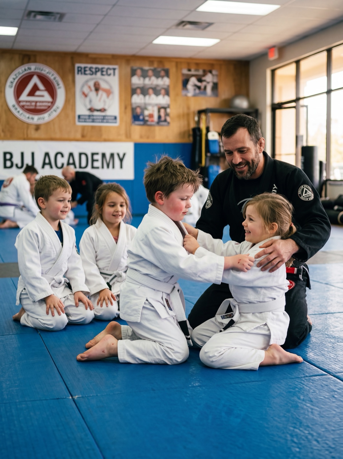 Junior BJJ students ages 3-7 practising with coach